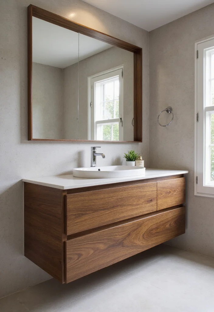 14 Wood Vanity Bathroom Ideas With Warm Texture 12. Integrated Wood Vanity and Sink