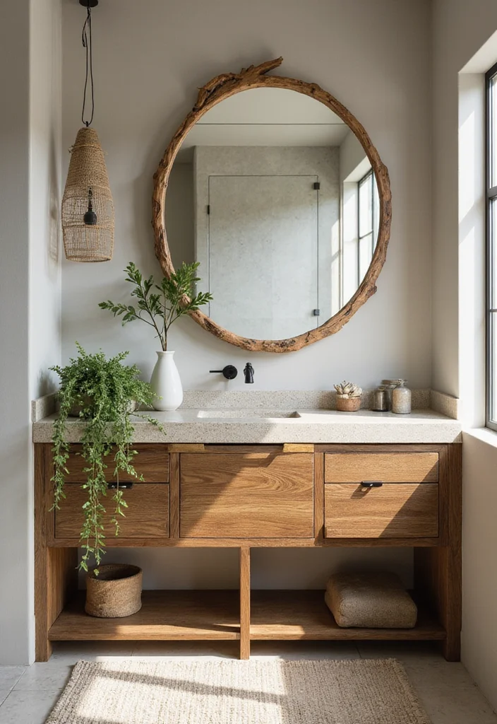 14 Wood Vanity Bathroom Ideas With Warm Texture 13. Nature Inspired Wood Vanity