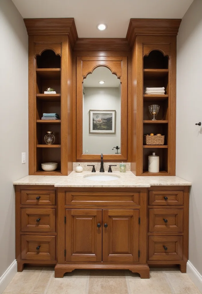 14 Wood Vanity Bathroom Ideas With Warm Texture 14. Custom Built In Wood Vanity