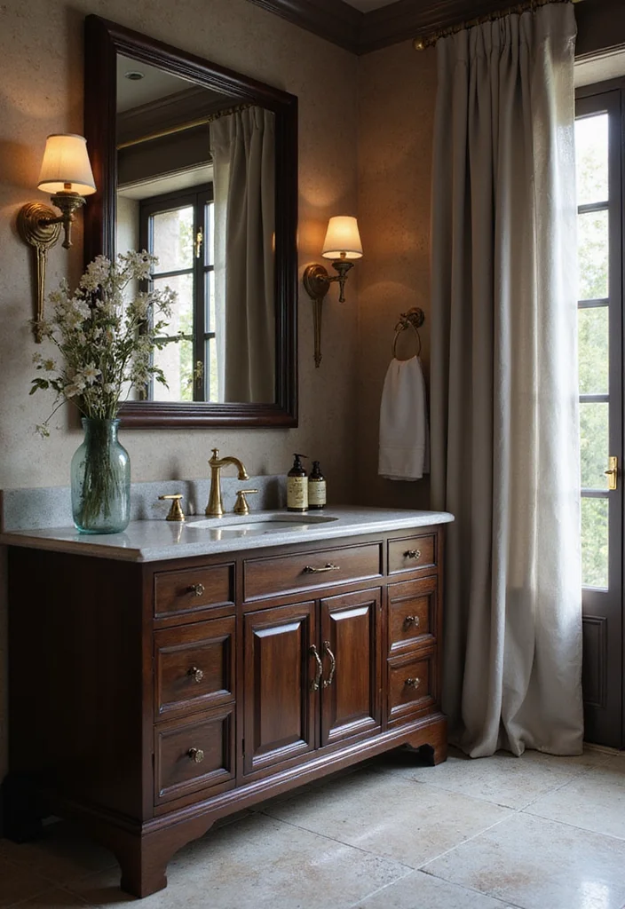 14 Wood Vanity Bathroom Ideas With Warm Texture 3. Dark Stained Wood Vanity