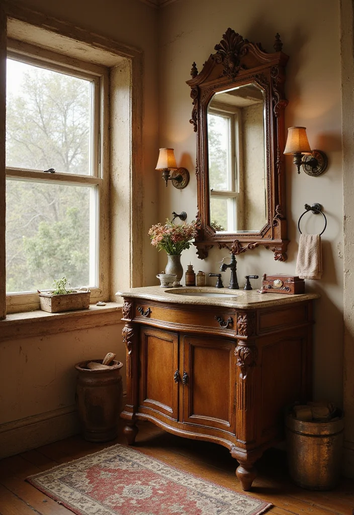 14 Wood Vanity Bathroom Ideas With Warm Texture 4. Vintage Wood Vanity