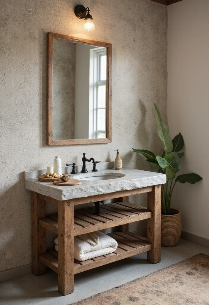 14 Wood Vanity Bathroom Ideas With Warm Texture 5. Rustic Wood and Stone Combo