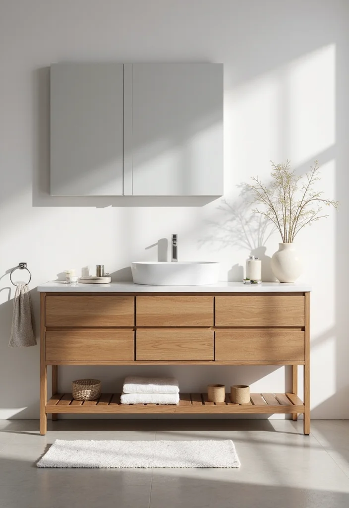 14 Wood Vanity Bathroom Ideas With Warm Texture 6. Modern Minimalist Wood Vanity