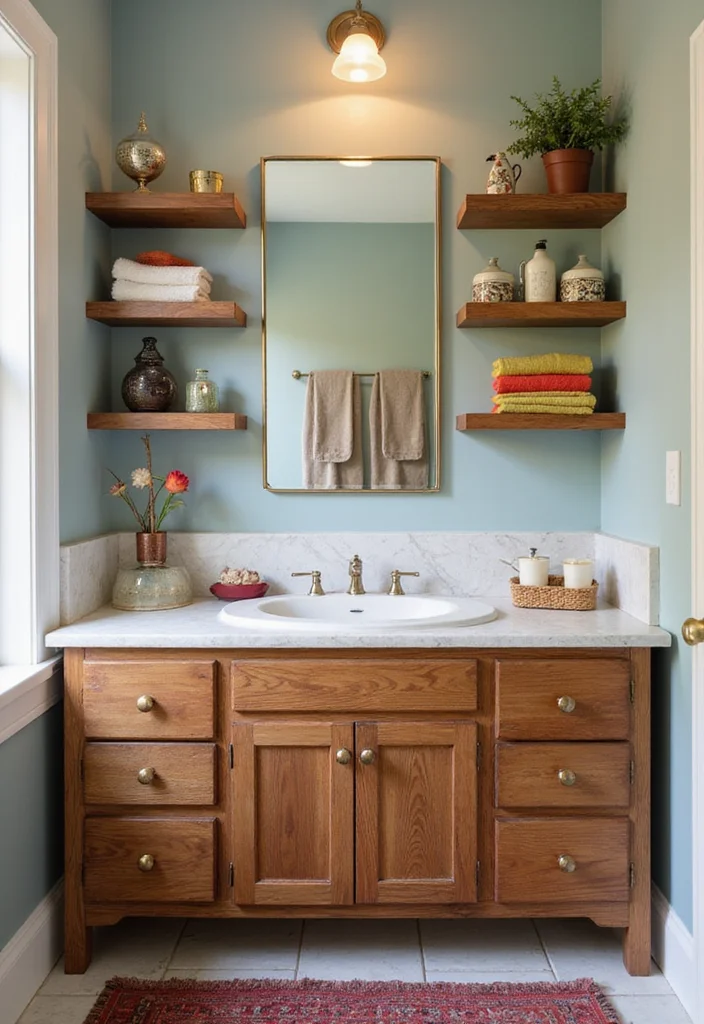 14 Wood Vanity Bathroom Ideas With Warm Texture 9. Wood Vanity with Open Shelving