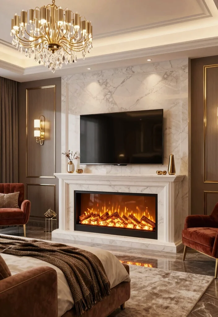 15 Electric Fireplace And TV Bedroom Ideas That Look Built In 12. Glamorous Touch