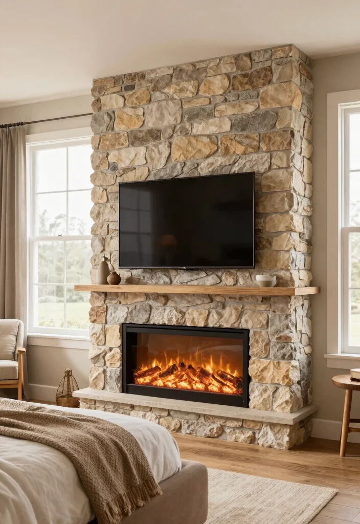 15 Electric Fireplace And TV Bedroom Ideas That Look Built In 3. Minimalist Masonry