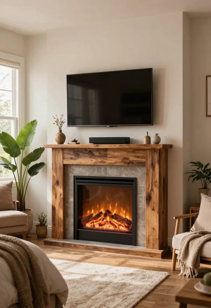 15 Electric Fireplace And TV Bedroom Ideas That Look Built In 5. Earthy Elegance