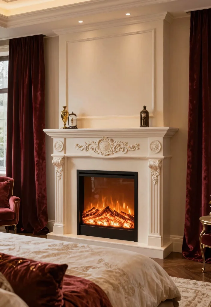 15 Electric Fireplace With Mantle Bedroom Ideas For Classic Warmth 12. Luxurious and Cozy Master Retreats