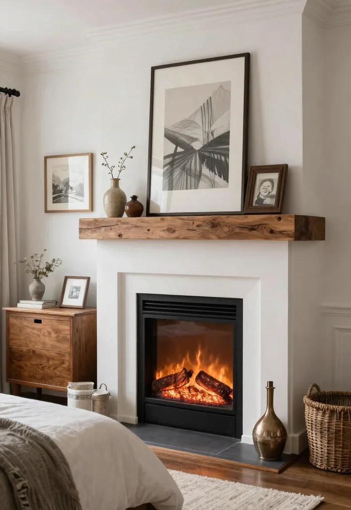 15 Electric Fireplace With Mantle Bedroom Ideas For Classic Warmth 13. Vintage Farmhouse Meets Modern Flair