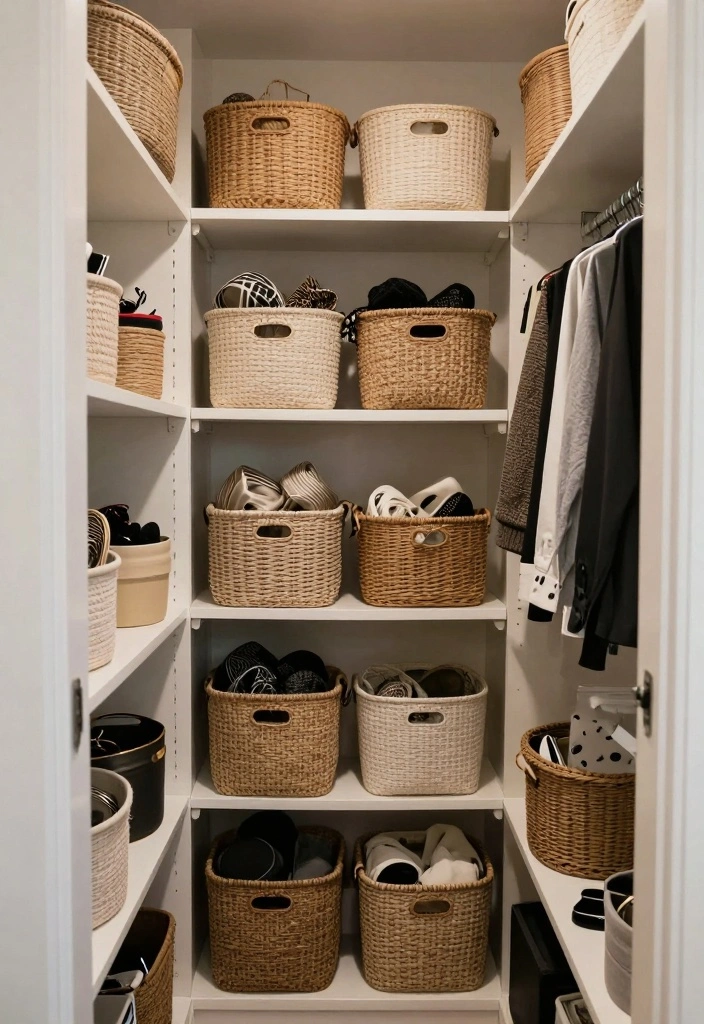 15 Long Narrow Bedroom Closet Ideas For Smart Storage 11. Clever Use of Baskets