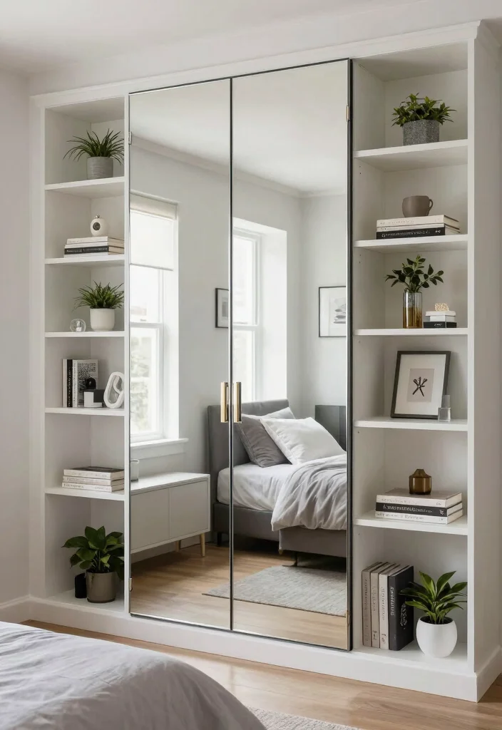 15 Mirror Bedroom Closet Door Ideas For Bright Spacious Looks 11. Mirrored Door with Built in Shelving