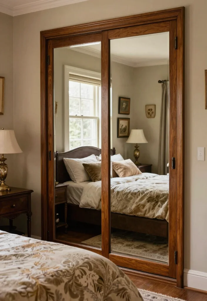 15 Mirror Bedroom Closet Door Ideas For Bright Spacious Looks 3. Mirrored Bi fold Doors for Vintage Charm