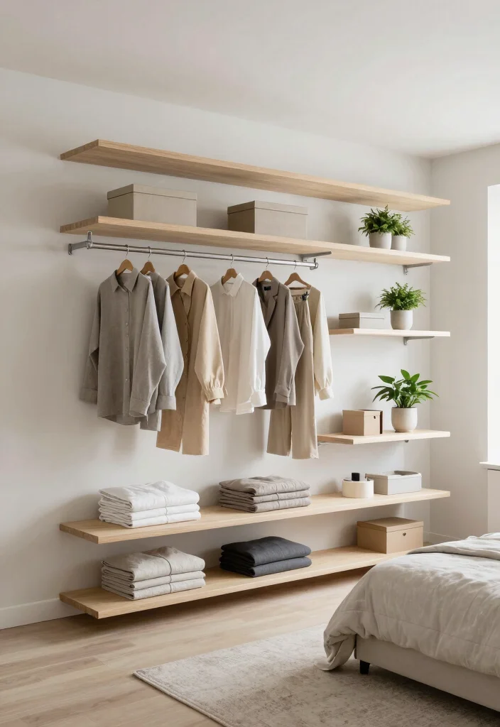 15 Modern Bedroom Closet Door Ideas With Sleek Design 10. Floating Shelves as Closet Solution