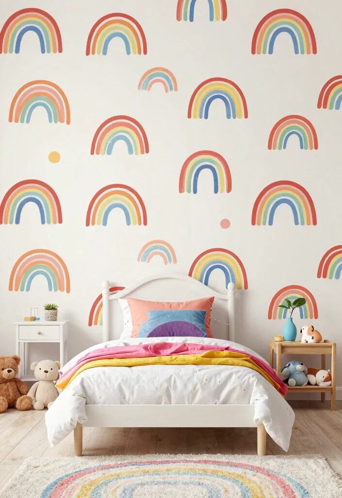 15 Toddler Girl Bedroom Wallpaper Ideas With Cute Patterns 7. Whimsical Rainbow Designs