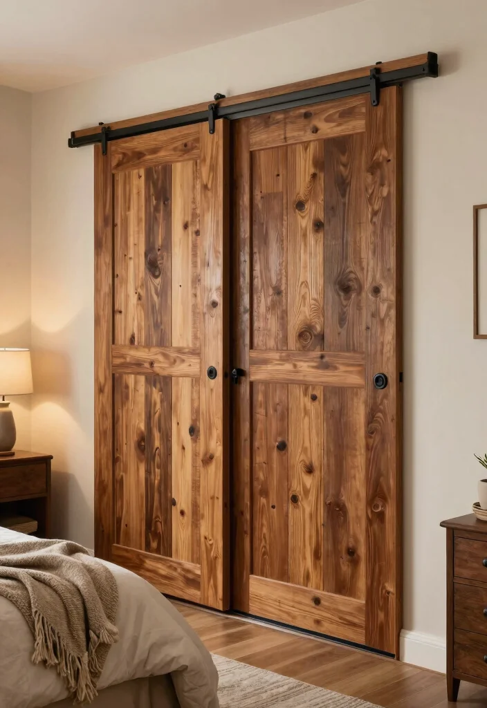 15 Wood Bedroom Closet Door Ideas With Warm Texture 12. Rustic Sliding Doors