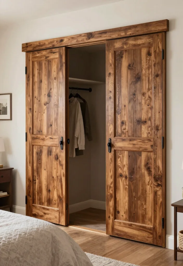 15 Wood Bedroom Closet Door Ideas With Warm Texture 14. Rustic Bi fold Doors