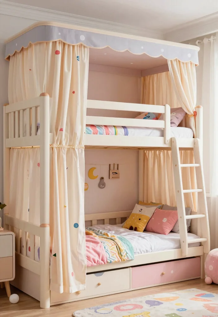 16 Toddler Girl Bedroom Bunk Bed Ideas For Small Rooms 12. Bunk Bed with Privacy Curtains