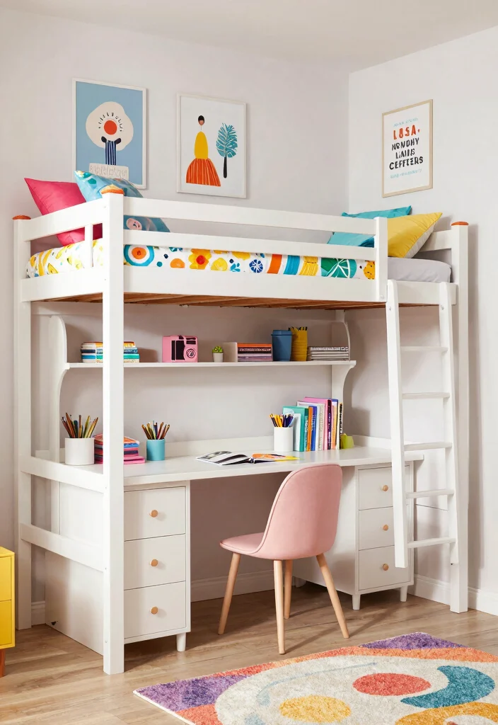 16 Toddler Girl Bedroom Bunk Bed Ideas For Small Rooms 2. Compact Loft Bunk with Study Area