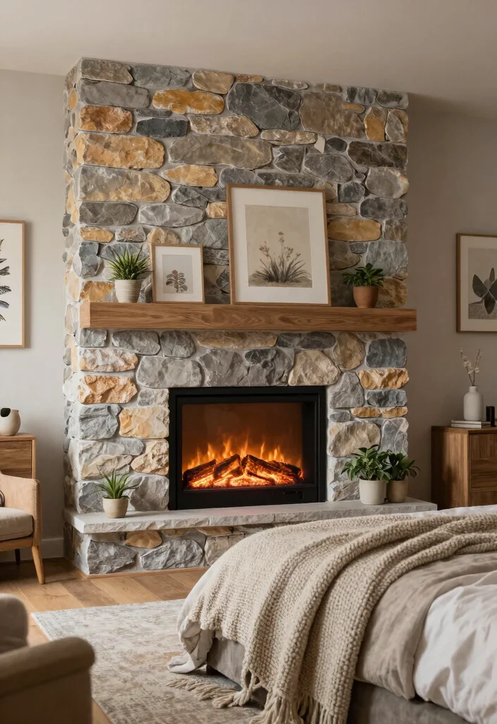 17 Electric Fireplace Bedroom Wall Ideas For Cozy Nights 1. Rustic Stone Fireplace Accent Wall