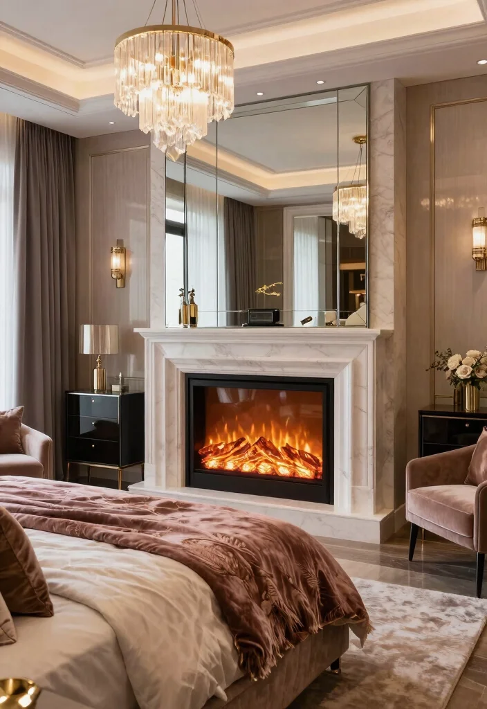 17 Electric Fireplace Bedroom Wall Ideas For Cozy Nights 15. Contemporary Glam Electric Fireplace