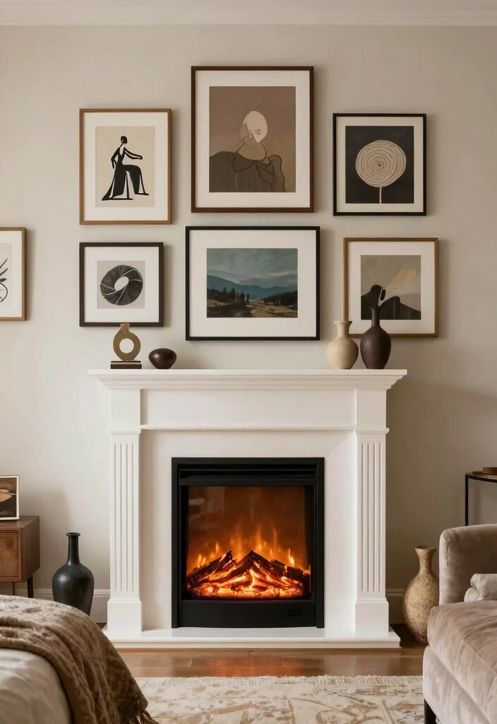17 Electric Fireplace Bedroom Wall Ideas For Cozy Nights 5. Electric Fireplace with Surrounding Artwork