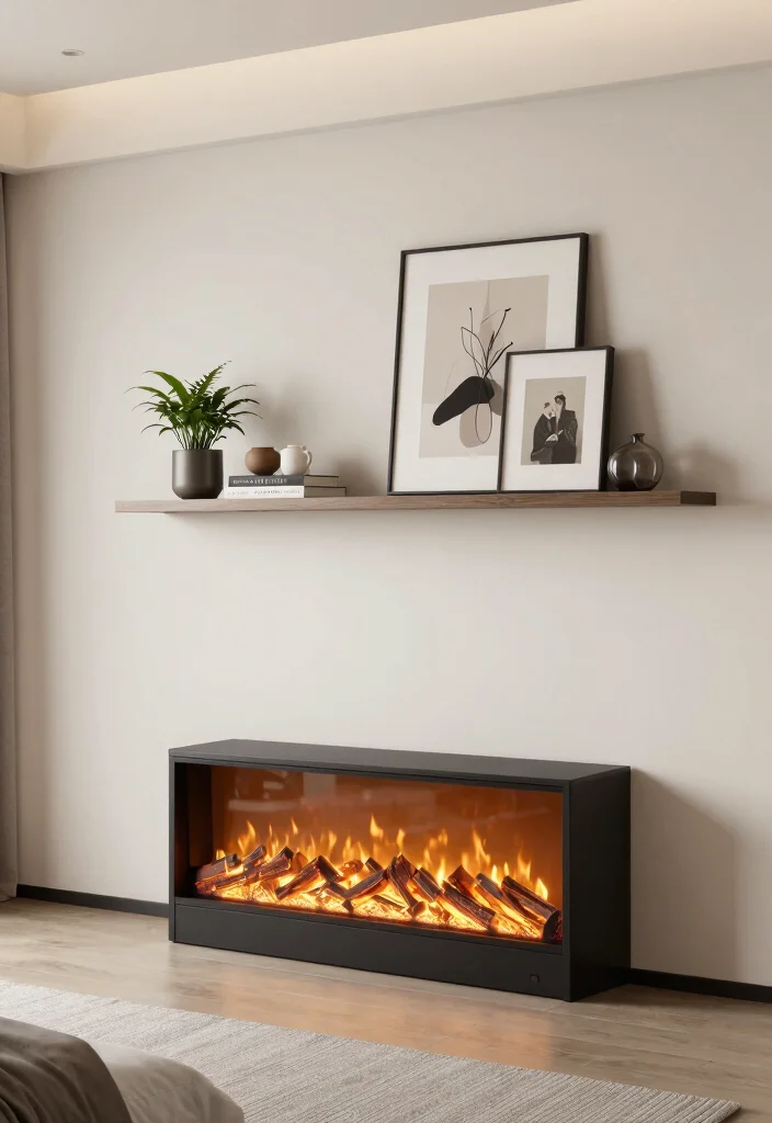 17 Electric Fireplace Bedroom Wall Ideas For Cozy Nights 9. Floating Shelf with Electric Fireplace
