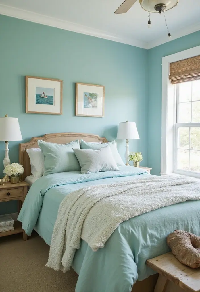 25 Aqua Bedroom Ideas for Adults That Feel Fresh and Peaceful 1. Soft Aqua Walls for a Calm Base