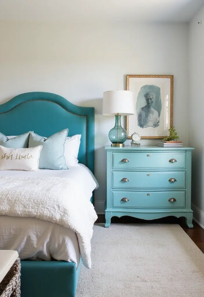 25 Aqua Bedroom Ideas for Adults That Feel Fresh and Peaceful 11. Aqua Furniture for a Bold Statement