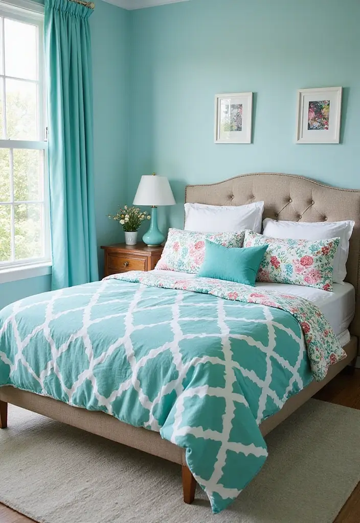 25 Aqua Bedroom Ideas for Adults That Feel Fresh and Peaceful 12. Playful Aqua Patterns