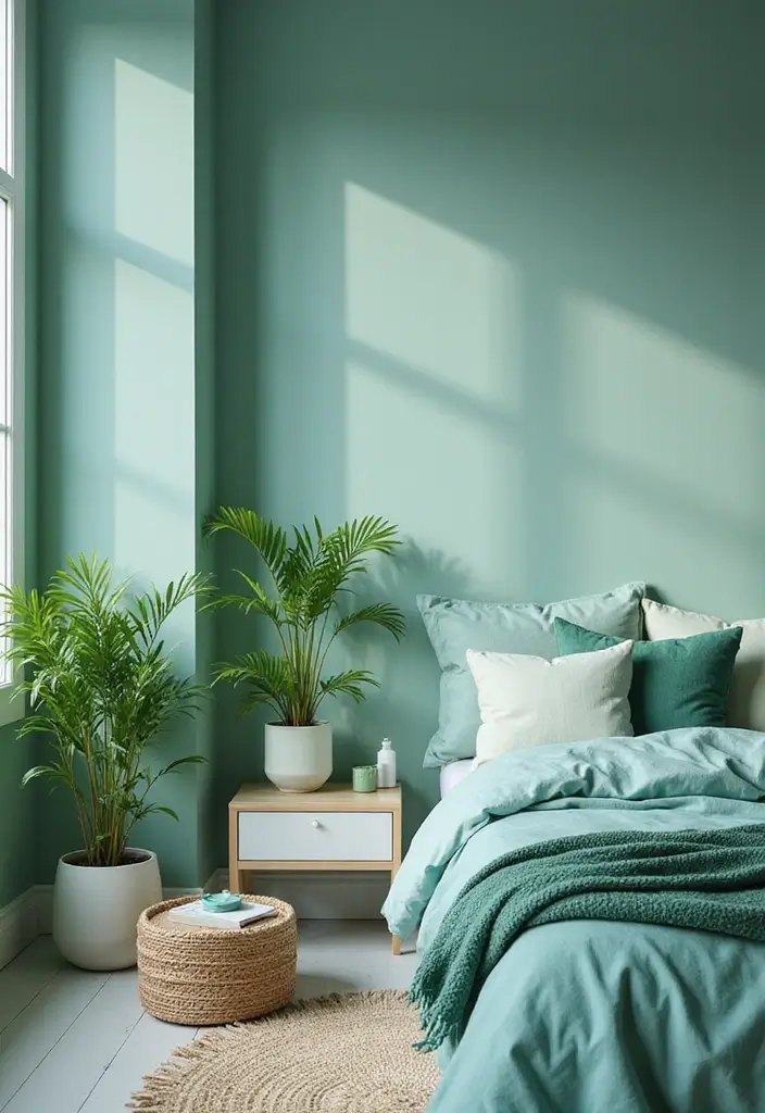 25 Aqua Bedroom Ideas for Adults That Feel Fresh and Peaceful 13. A Touch of Green Aqua and Green Combo
