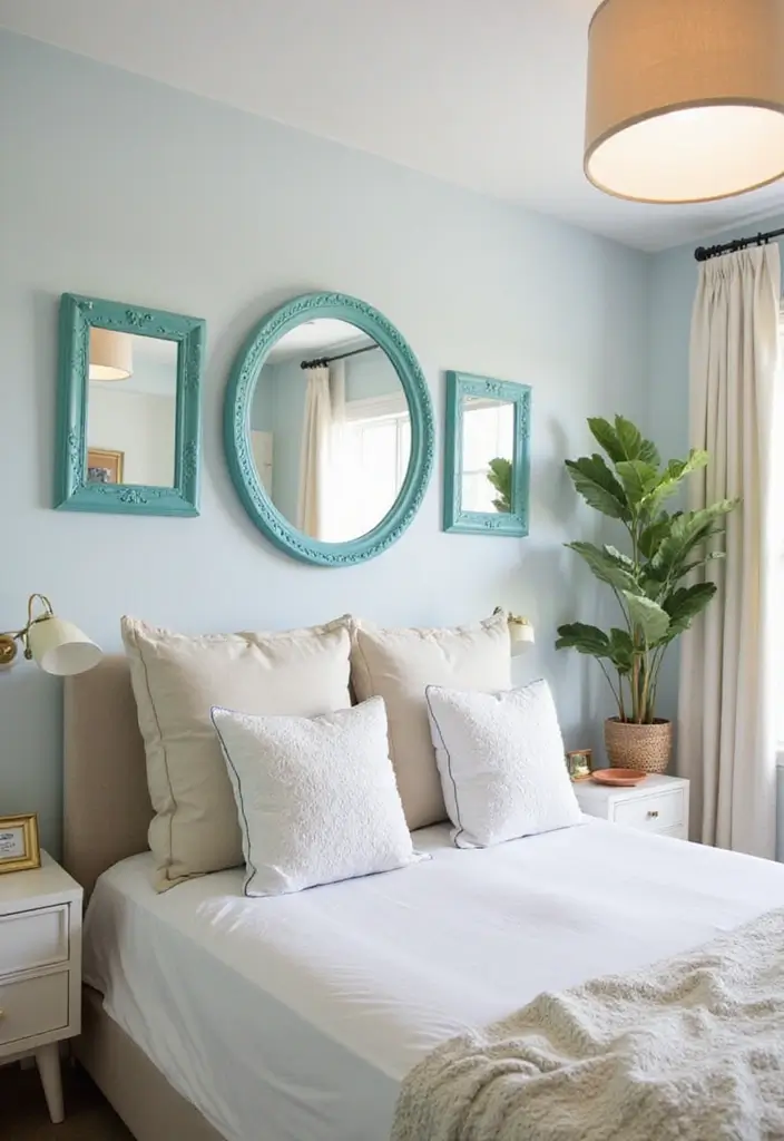 25 Aqua Bedroom Ideas for Adults That Feel Fresh and Peaceful 16. Incorporating Mirrors
