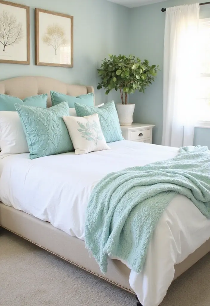 25 Aqua Bedroom Ideas for Adults That Feel Fresh and Peaceful 19. Aqua Accessories for Seasonal Changes