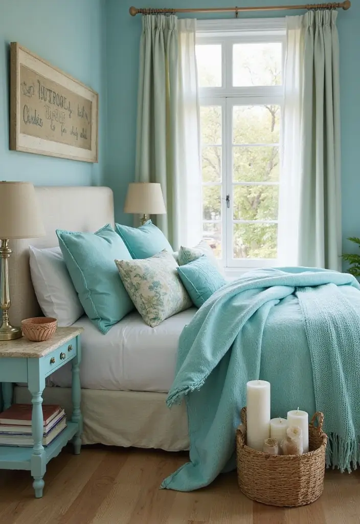 25 Aqua Bedroom Ideas for Adults That Feel Fresh and Peaceful 2. Aqua Accents for a Splash of Color