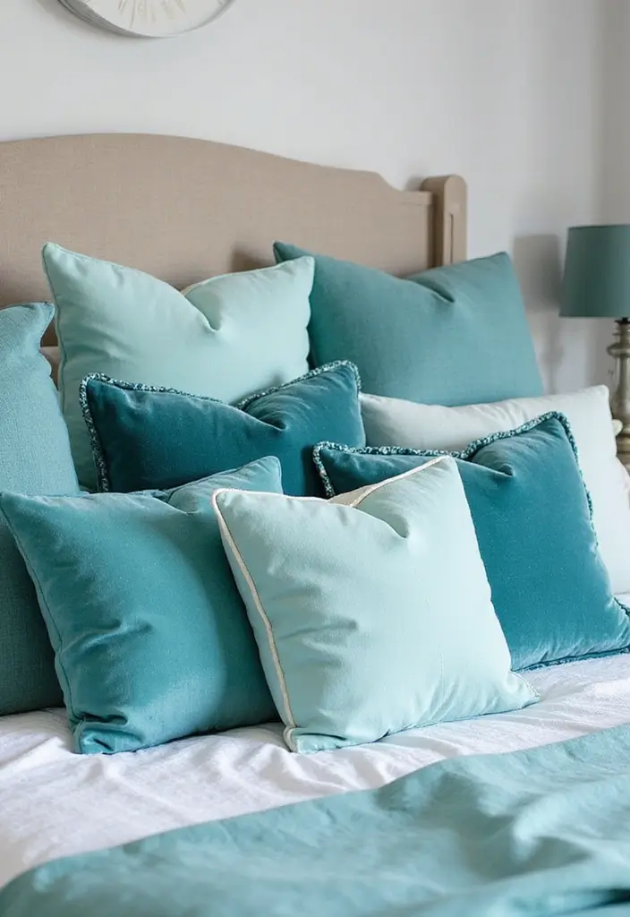 25 Aqua Bedroom Ideas for Adults That Feel Fresh and Peaceful 21. Aqua Pillows for Layered Comfort