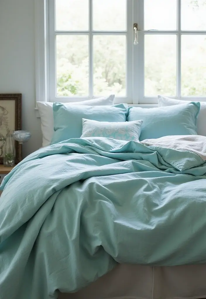25 Aqua Bedroom Ideas for Adults That Feel Fresh and Peaceful 3. Aqua Bedding for a Fresh Look