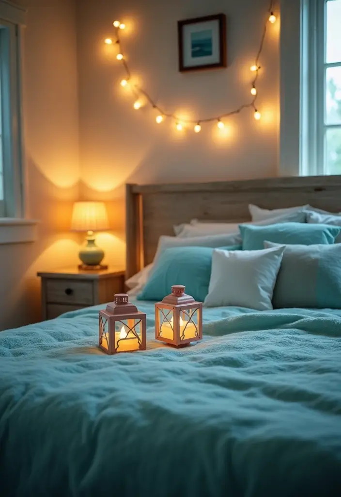 25 Aqua Bedroom Ideas for Adults That Feel Fresh and Peaceful 8. Coastal Inspired Lighting