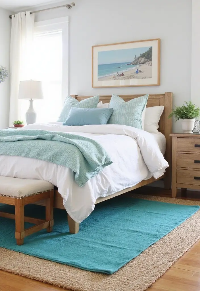 25 Aqua Bedroom Ideas for Adults That Feel Fresh and Peaceful 9. Accent Rugs with Aqua Hues