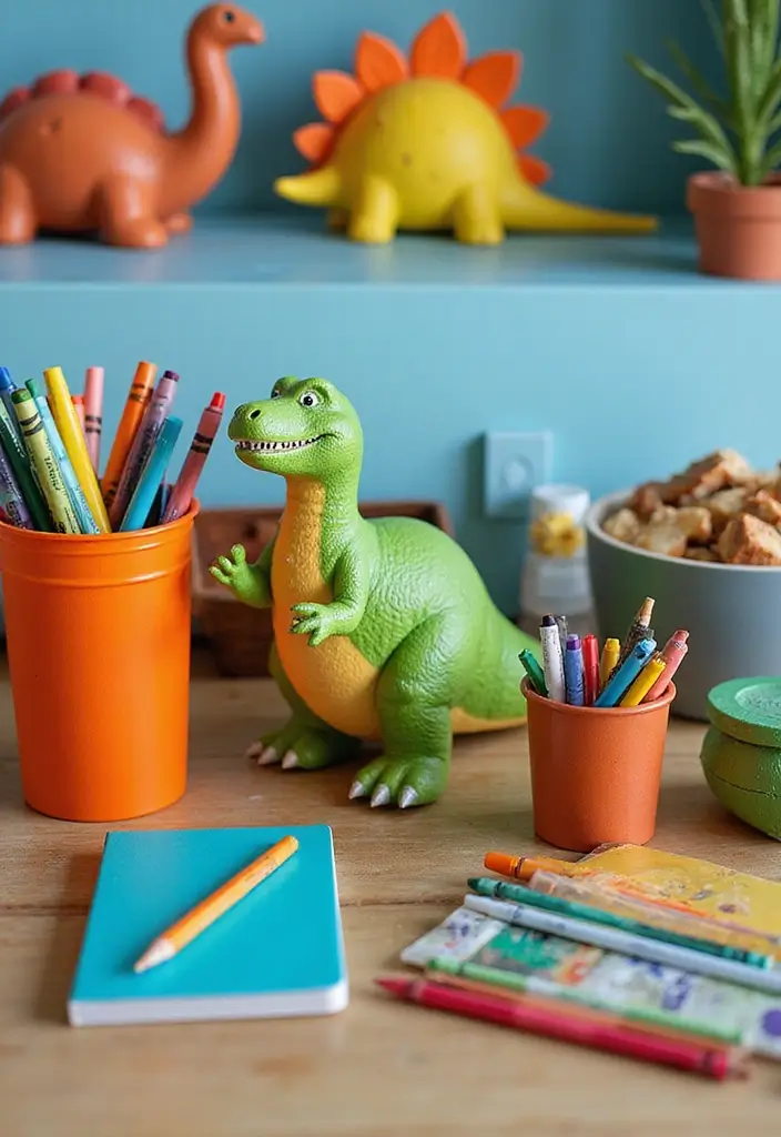 25 Boys Dinosaur Bedroom Ideas for a Roaring Good Time 17. Dino Themed Art Supplies