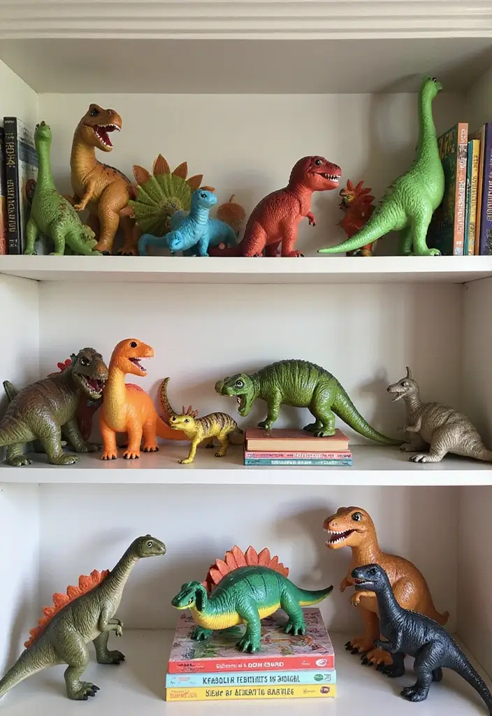 25 Boys Dinosaur Bedroom Ideas for a Roaring Good Time 9. Dinosaur Toy Showcase