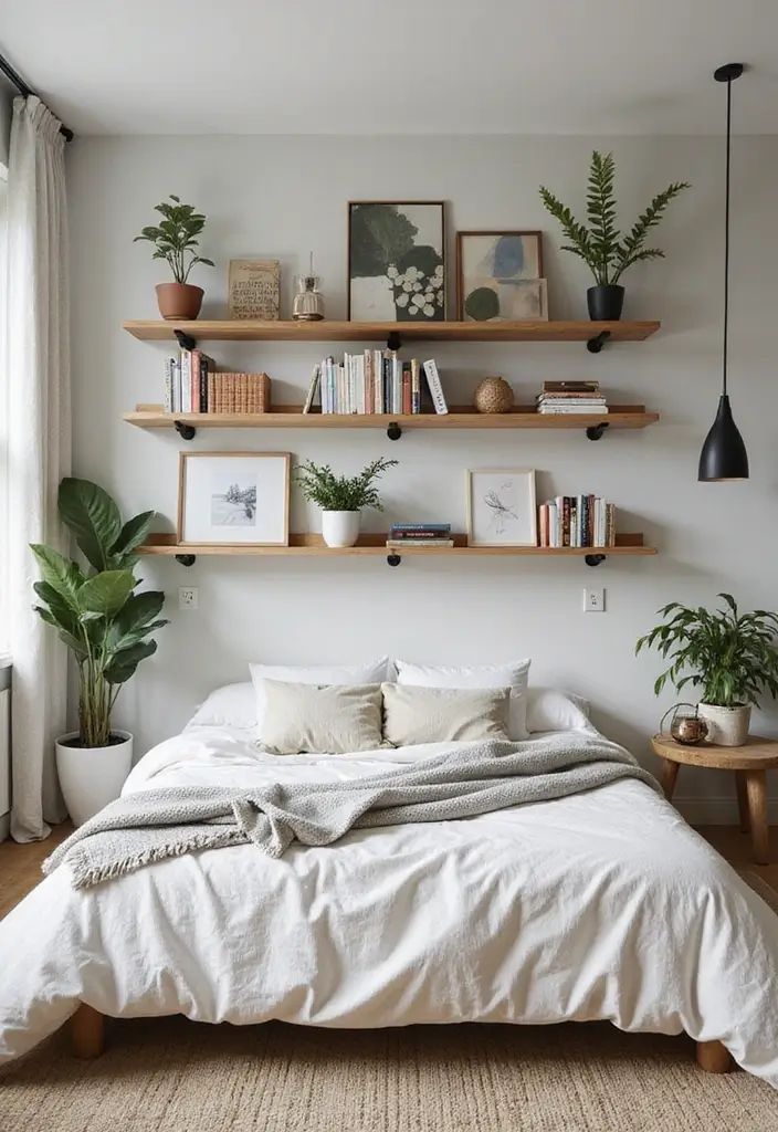 25 Cozy Bedroom Decor Ideas That Make Every Night Special 17. Wall Shelving for Style and Function