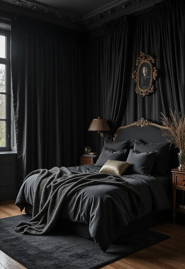 25 Dark Moody Bedroom Ideas That Create a Relaxing Escape 1. Gothic Elegance with Black Velvet