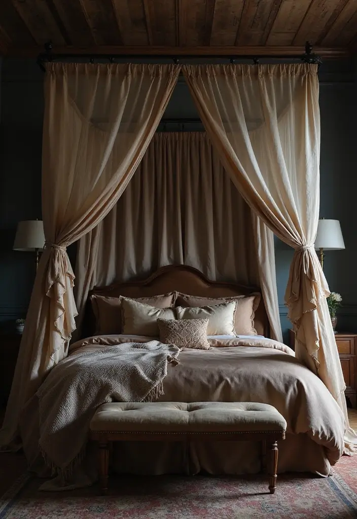 25 Dark Moody Bedroom Ideas That Create a Relaxing Escape 13. Elegant Canopy Beds