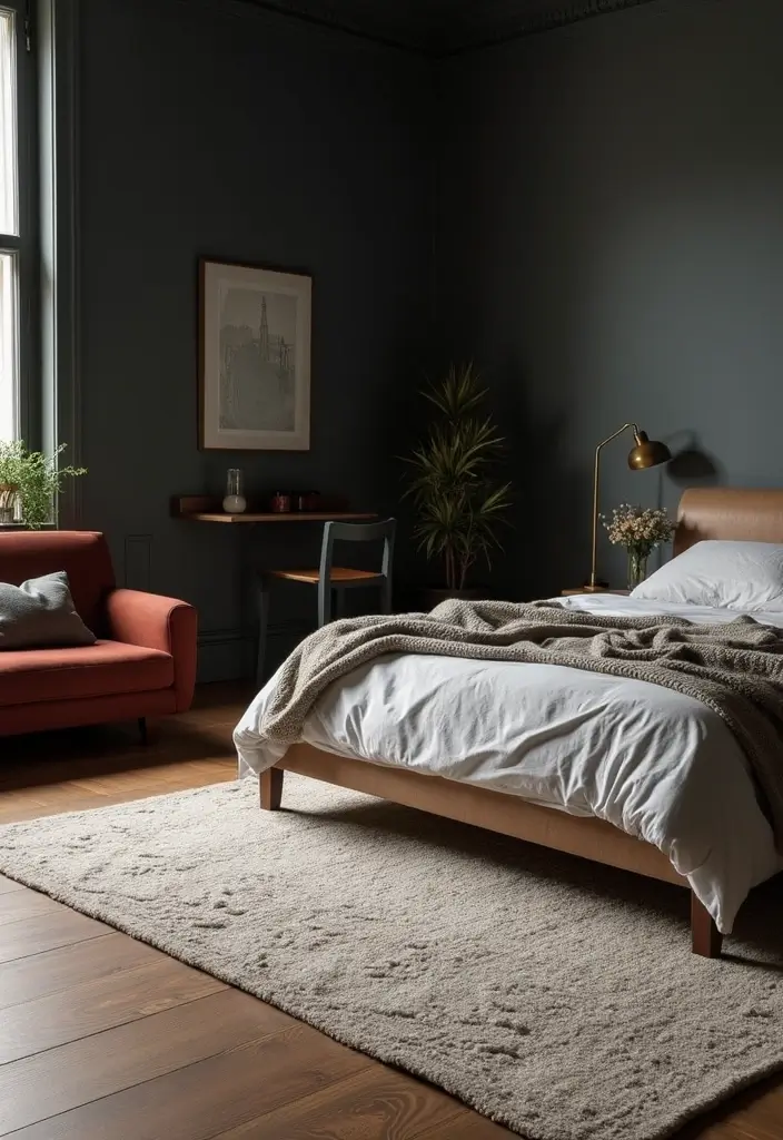 25 Dark Moody Bedroom Ideas That Create a Relaxing Escape 15. Textured Rugs
