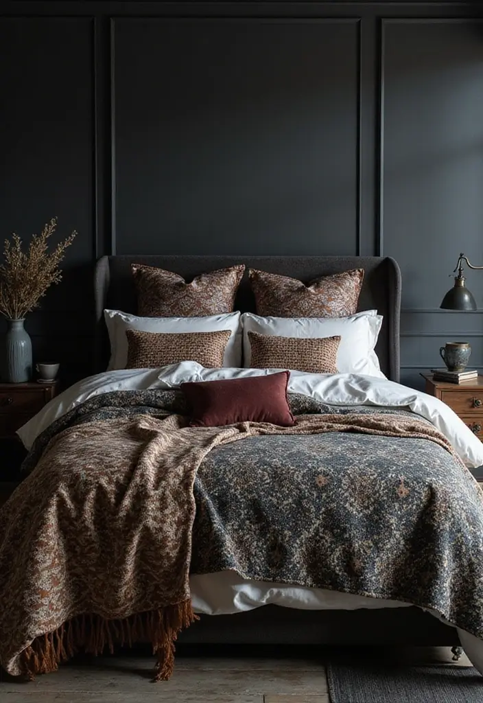 25 Dark Moody Bedroom Ideas That Create a Relaxing Escape 17. Artistic Bedding