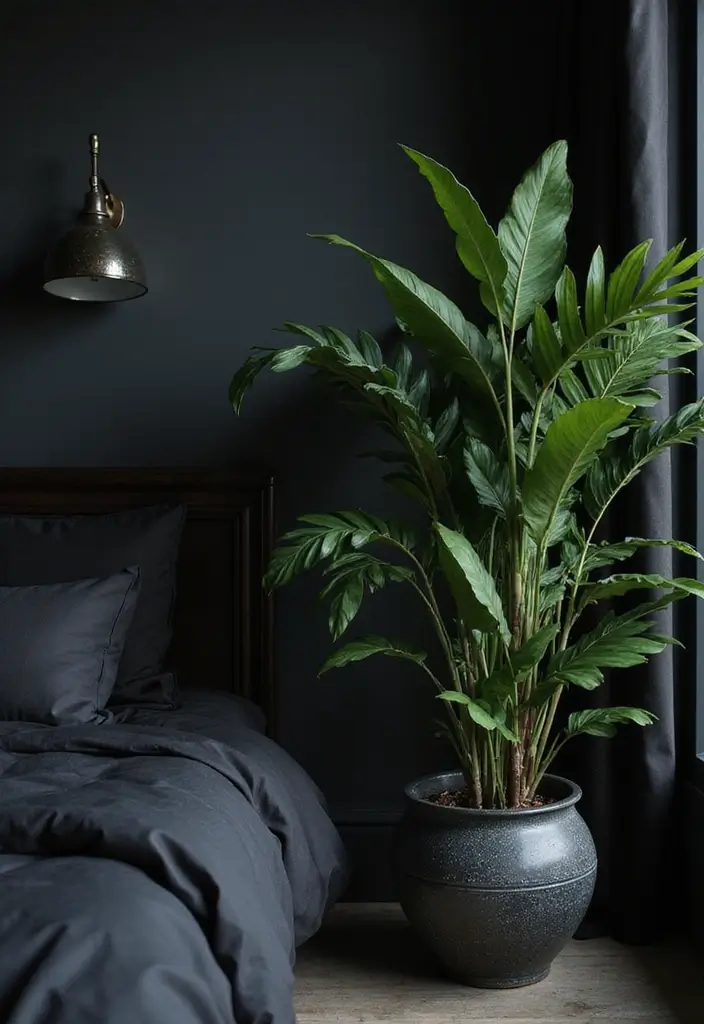 25 Dark Moody Bedroom Ideas That Create a Relaxing Escape 18. Incorporate Nature with Dark Plants