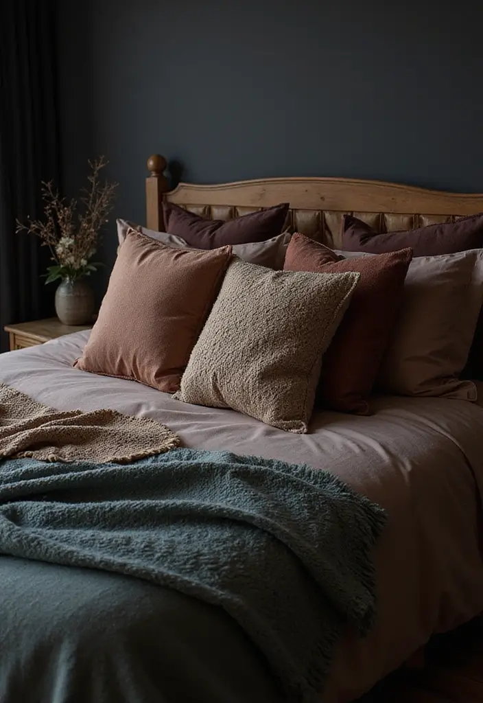 25 Dark Moody Bedroom Ideas That Create a Relaxing Escape 19. Opulent Textured Pillows