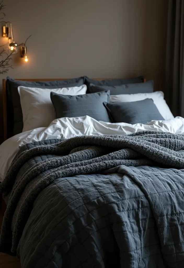 25 Dark Moody Bedroom Ideas That Create a Relaxing Escape 21. Textured Quilts and Throws