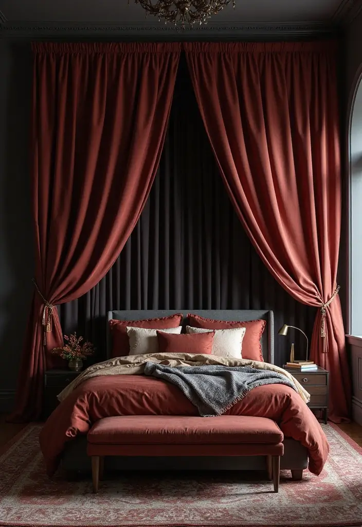 25 Dark Moody Bedroom Ideas That Create a Relaxing Escape 24. Elegant Drapery