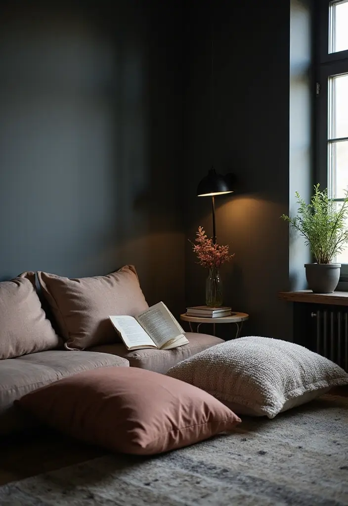 25 Dark Moody Bedroom Ideas That Create a Relaxing Escape 9. Cozy Nooks with Floor Cushions