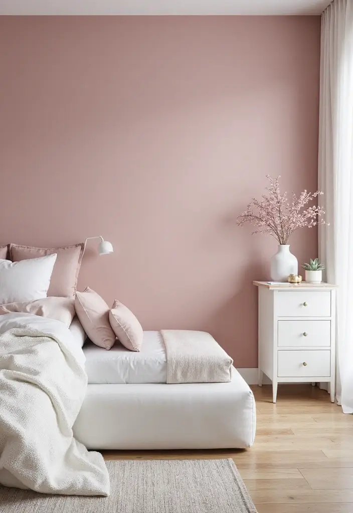 25 Dusty Rose Bedroom Ideas That Feel Romantic Calm 1. Dusty Rose Walls with White Accents